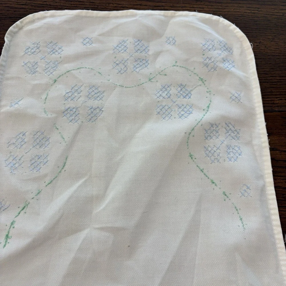 Vintage Ivory Cross Stitch Floral Table Runner Dresser Scarf 11x32 Blue Green